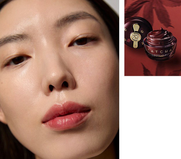 Two images of Tatcha's limited edition Kissu Lip Mask in a sheer red hue shown on a model and in its packaging
