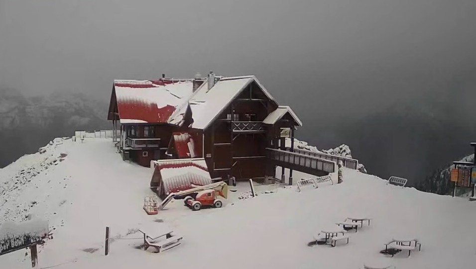 Kicking horse building blanketed in snow