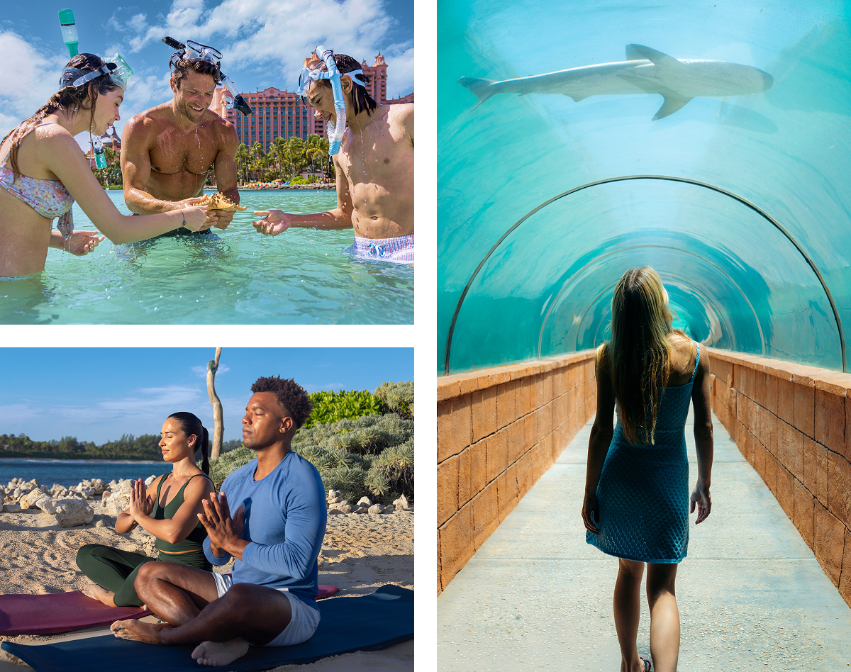 Grid featuring a couple doing yoga, a family at the beach and a woman walking under the water tunnel.