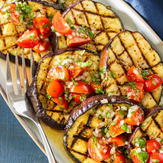 Grilled Eggplant with Cherry Tomatoes and Cilantro Vinaigrette