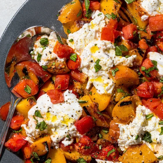 Grilled Peach and Tomato Salad with Burrata and Basil