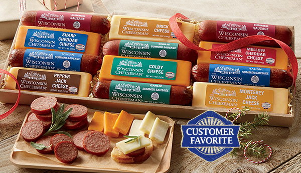 12-Star Lineup gift box featuring Wisconsin cheeses and summer sausages in a variety of flavors.
