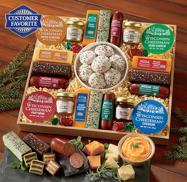 21 Favorites gift collection with Wisconsin cheeses, summer sausage, fruit preserves, snack spreads, and petit fours.