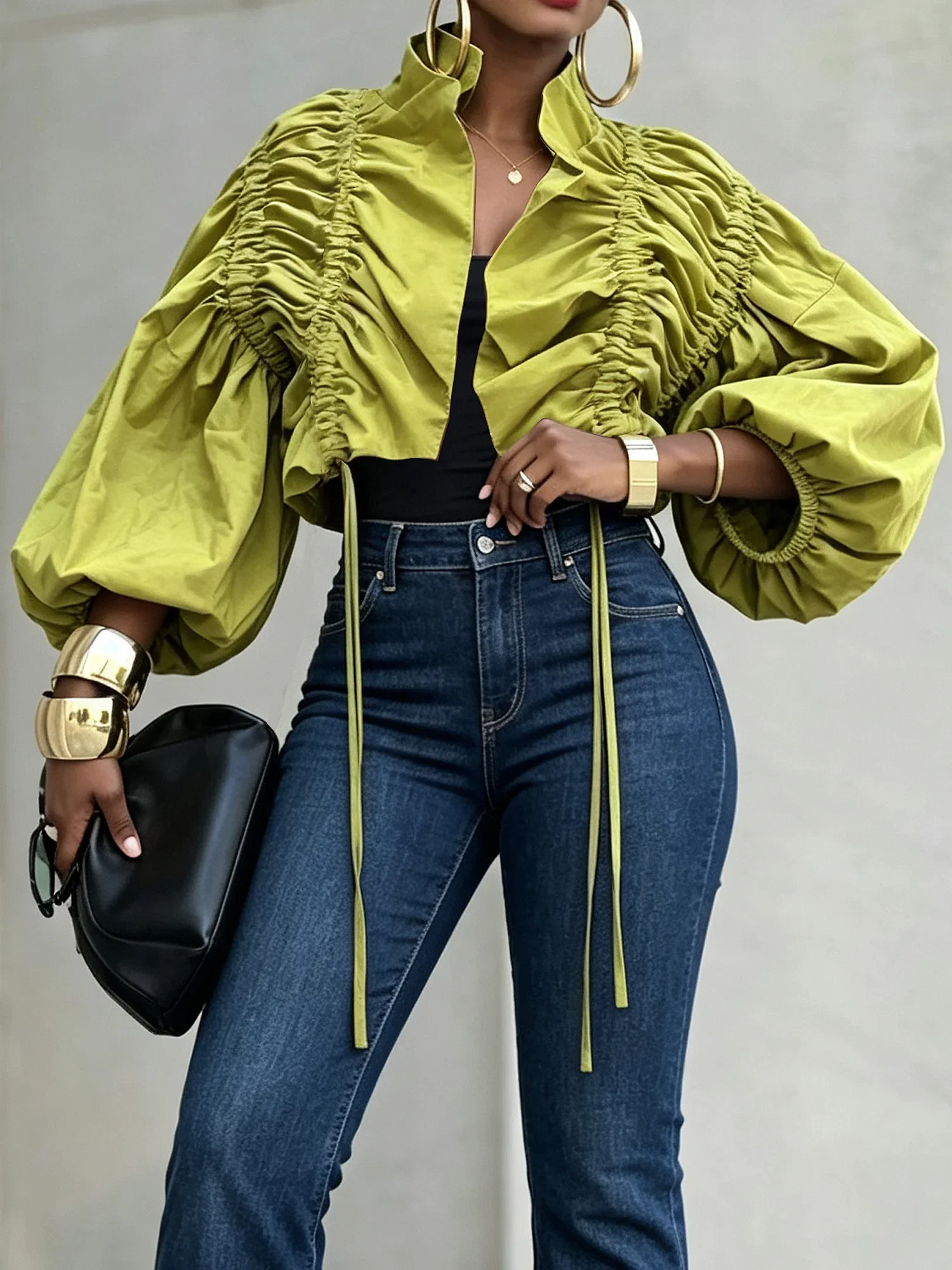 Urban Gathered Solid Lotus Leaf Collar Loose Long Sleeve Kimono