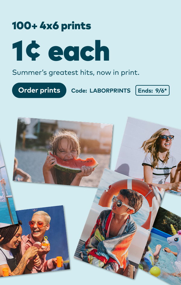 100+ 4x6 prints 1 cent each. Code: LABORPRINTS. Ends: 9/6, see site for details. Order prints.