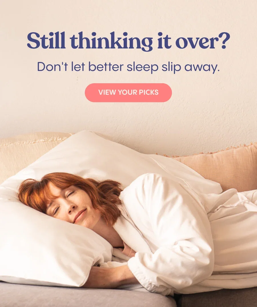 A medium shot shows a woman with red hair sleeping peacefully on a white pillow, wearing a white robe, with the text 'Still thinking it over? Don't le...