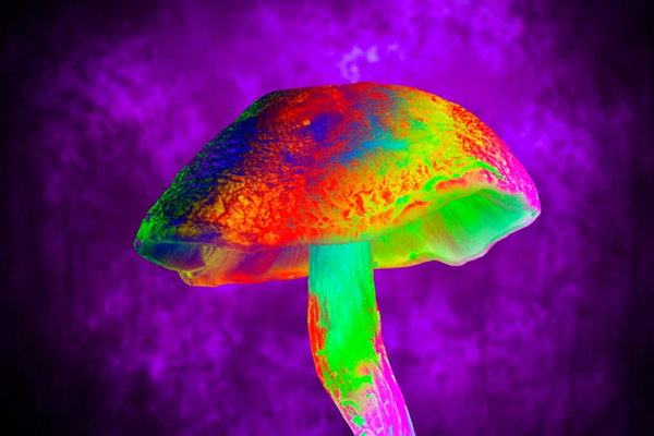 A psychedelic mushroom shown in vivid neon colours against a glowing purple background.