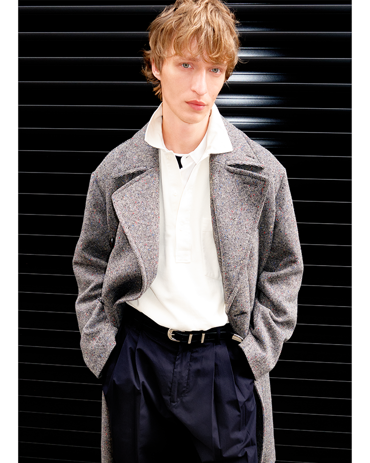 Grey coat and white polo