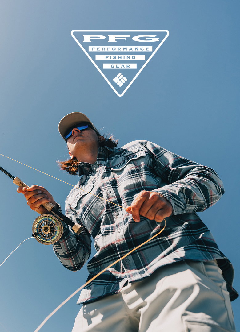 A man holding a fishing rod against a blue sky with the PFG logo at the top.