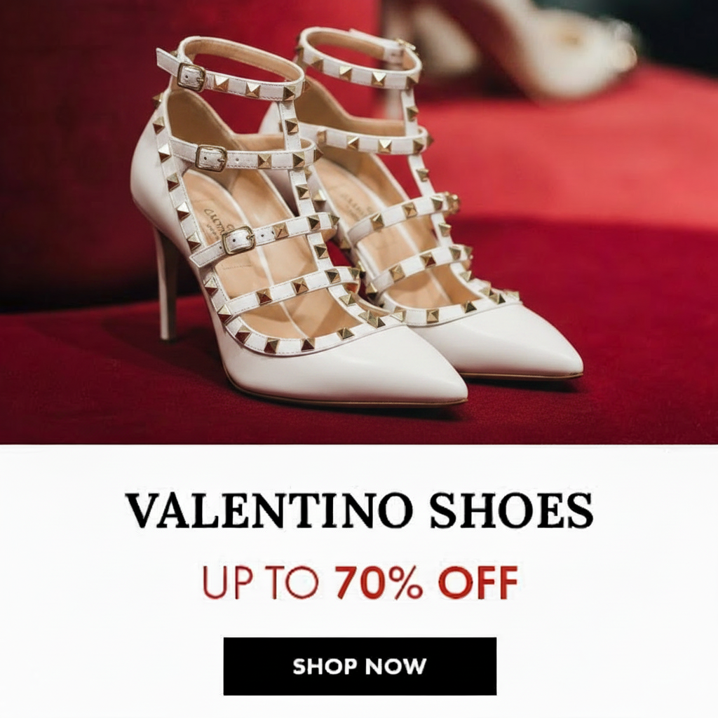White Valentino studded heels with "Up to 70% Off" sale text.