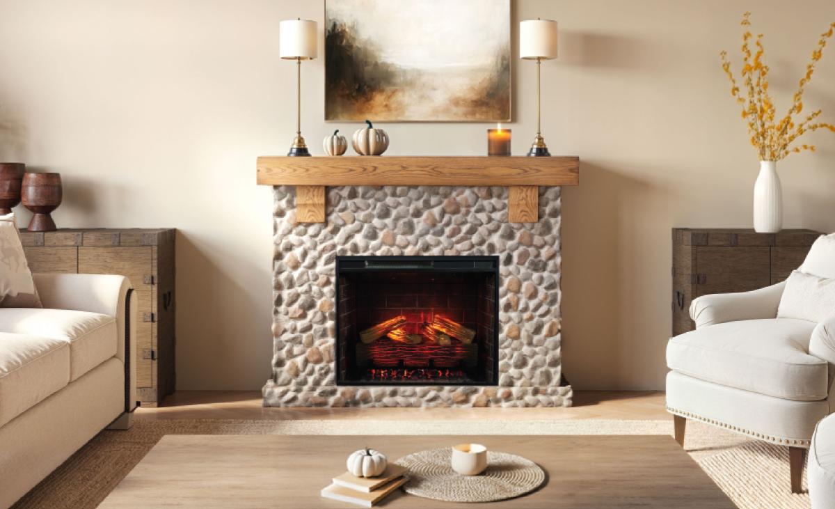 Cozy living room with stone mantel package.