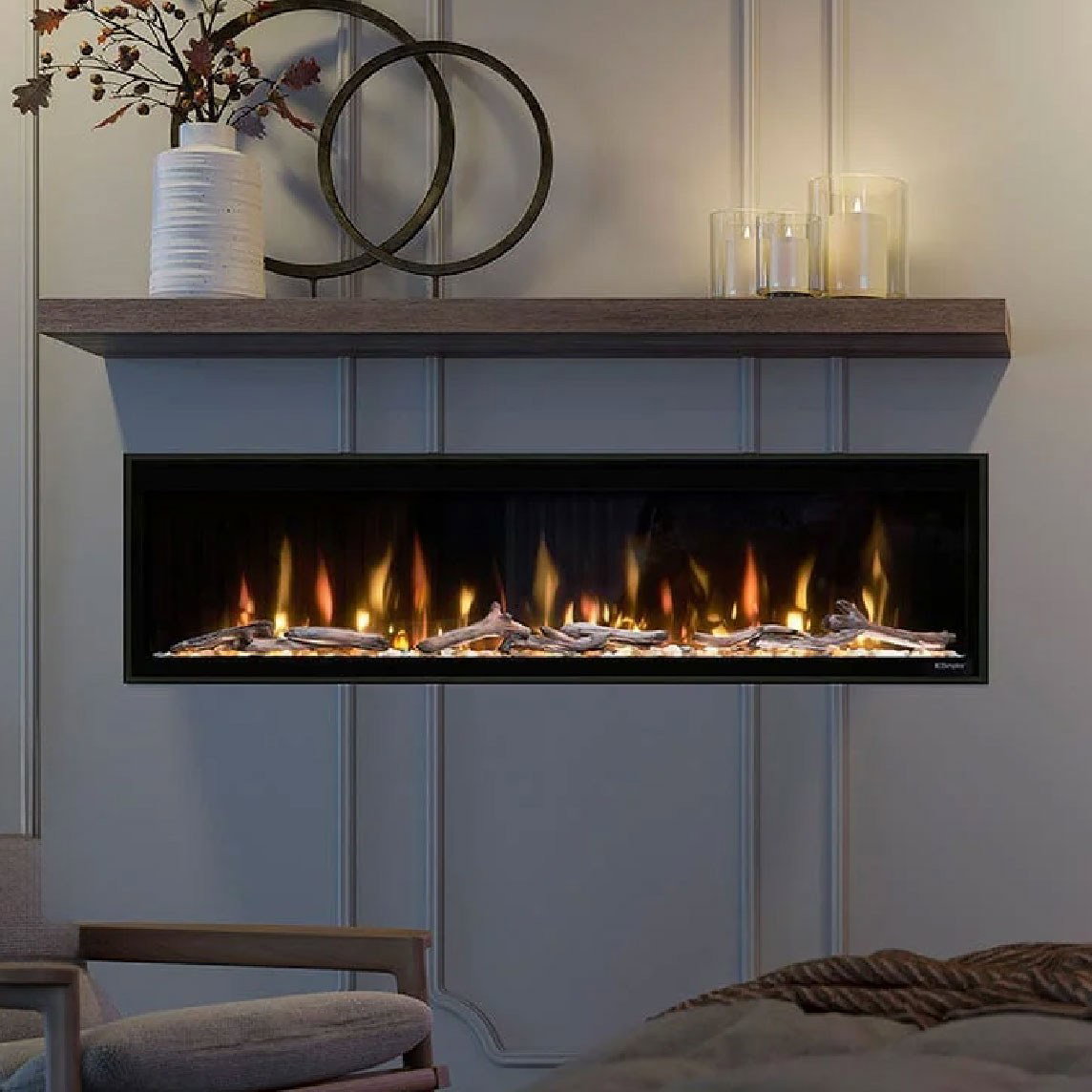 Modern wall fireplace with shelf decor.
