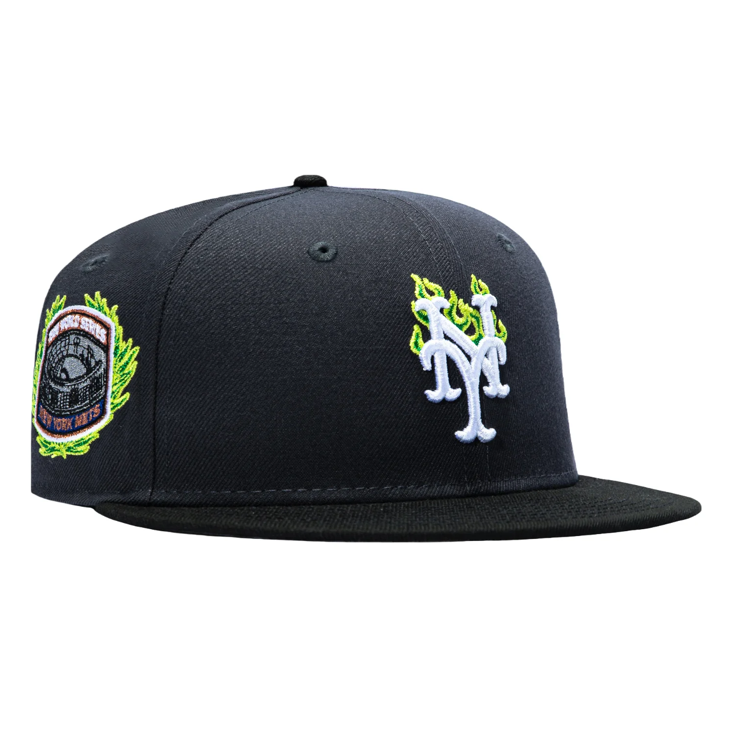 Image of New Era 59Fifty New York Mets 1969 World Series Patch Flame Hat - Graphite, Black, Green
