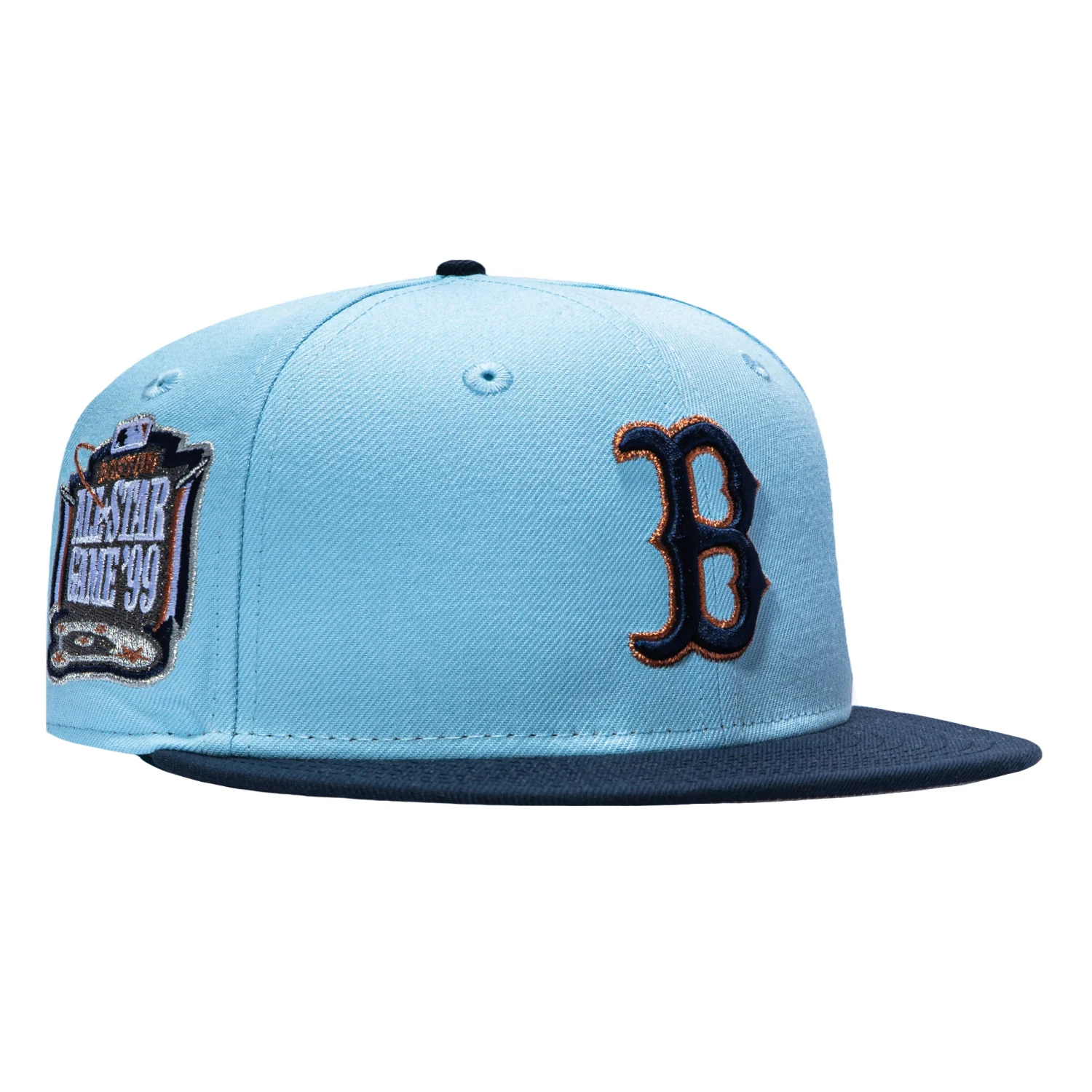 Image of New Era 59Fifty Boston Red Sox 1999 All Star Game Patch Hat - Light Blue, Navy, Metallic Copper