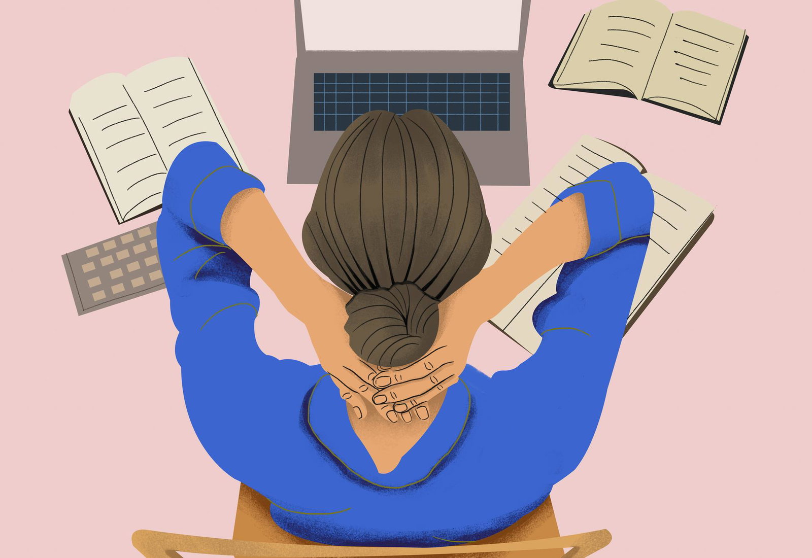 An illustration of a woman sitting at a laptop with her hands behind her neck.