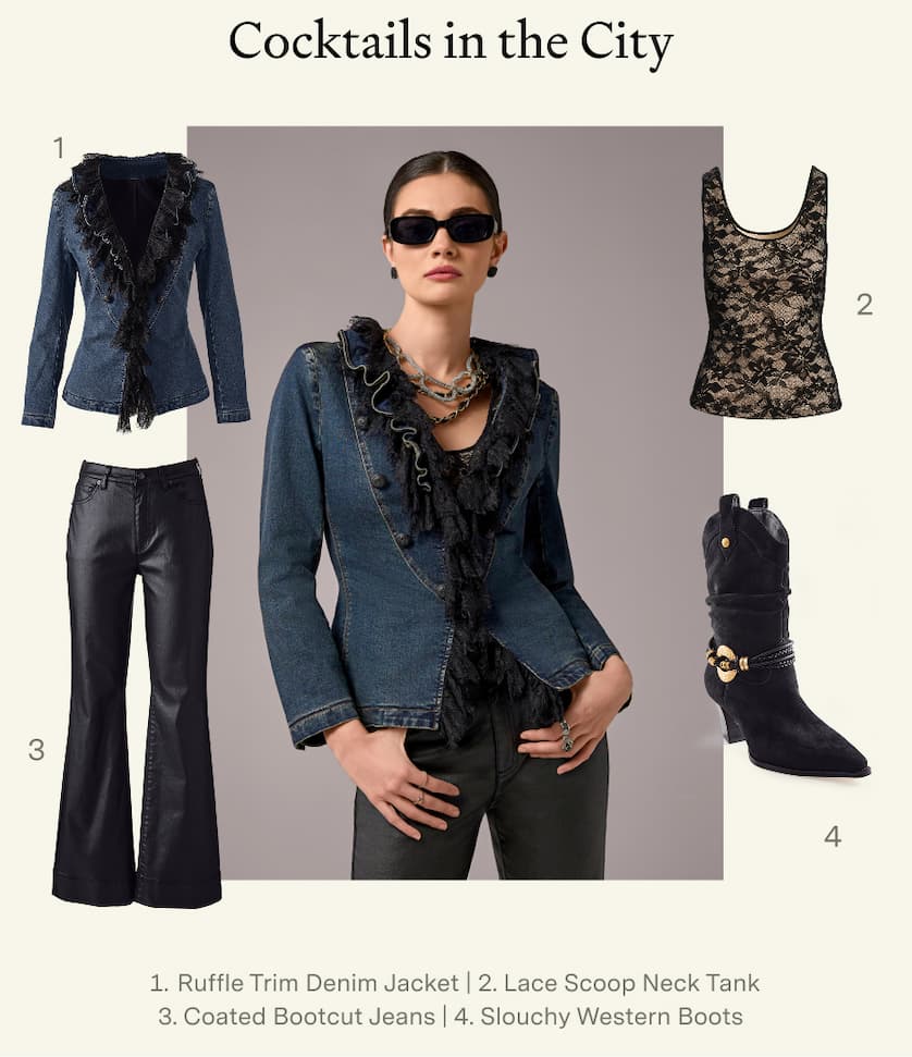 Shaped Denim Jacket with Ruffle Lace Trim