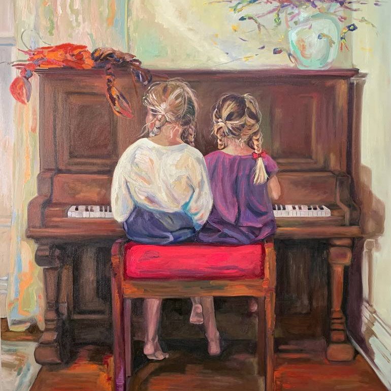 two girls at the piano painting