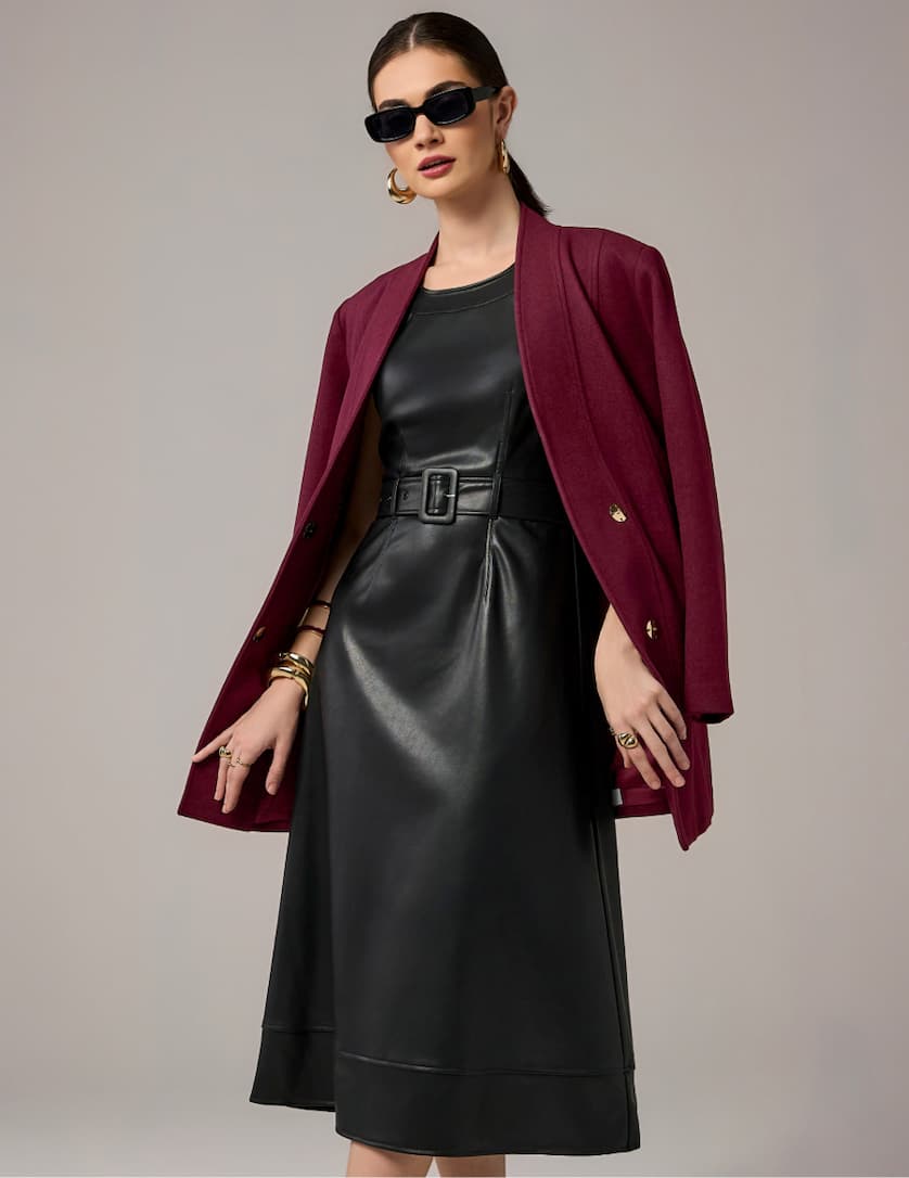 Faux Leather Belted High Neck Dress