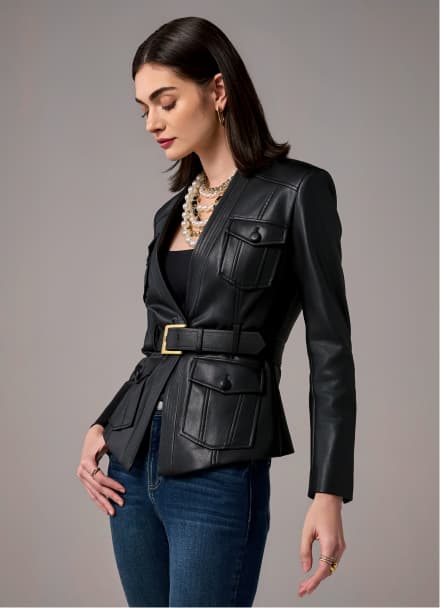 Belted Faux Leather Cut Away Utility Jacket
