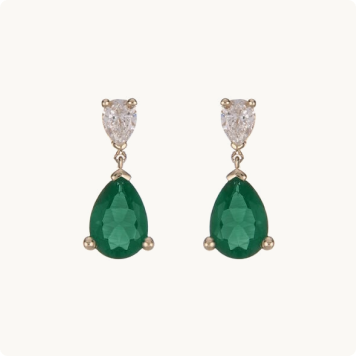 Catherine, 10kt. YG Created Emerald & Lab Grown Diamond Dangle Earrings: Pair of dangle earrings featuring a small pear-shaped diamond stud with a larger pear-shaped green emerald drop, set in gold.