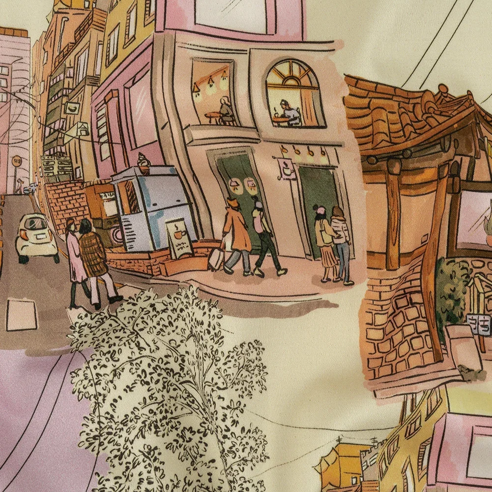Image of Stretch Cotton Sateen - Multicolor Streetscapes and Trees - Growing Roots Print - Mood Exclusive Wisteria Collection