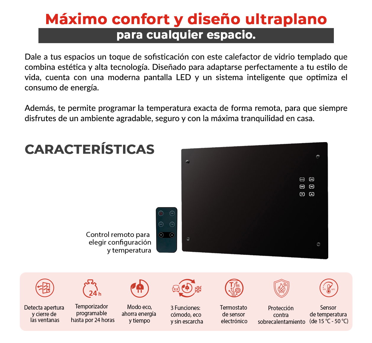 Slim black tempered glass wall heater panel with LED touch controls and remote control, modern ultra-flat design