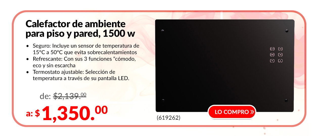 Black 1500W wall-and-floor electric heater with LED controls in a Spanish advertisement showing features and sale price $1,350