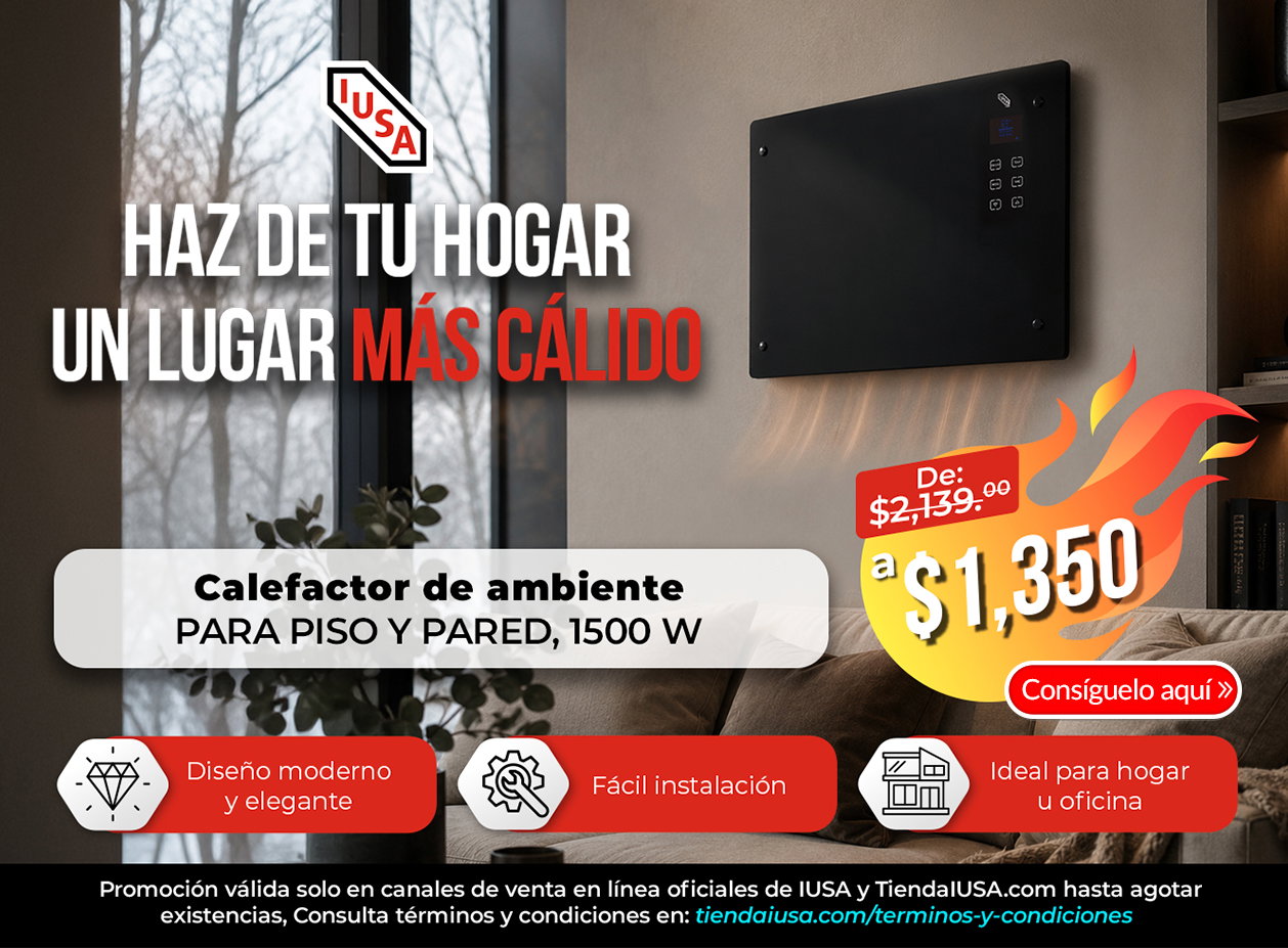 Wall-mounted 1500W electric room heater on living-room wall above sofa with promotional price badge