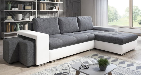 Canapé angle convertible et ses poufs