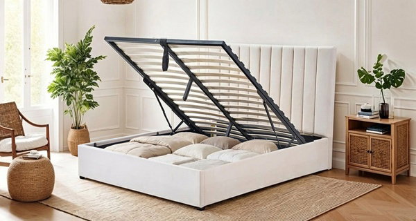 Lit coffre Giulia en velours beige, Maison Aubertin