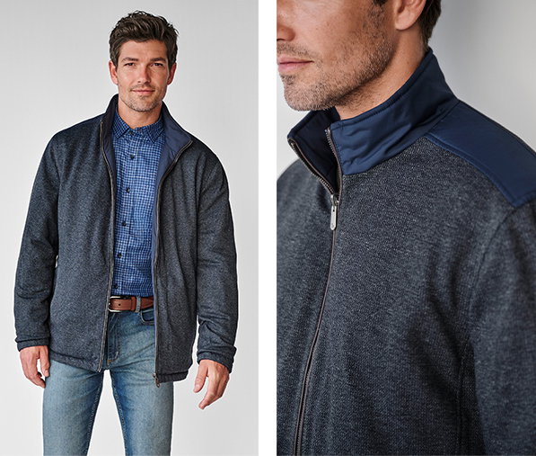Model wearing the Kenner Reversible Jacket over a blue patterned shirt, with a close-up highlighting the jacket’s marled knit texture and contrasting woven collar and shoulder details.