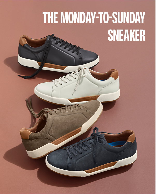 Four Kendall Lace-to-Toe sneakers in black, white, taupe, and navy displayed on a rust background. Text reads: 
