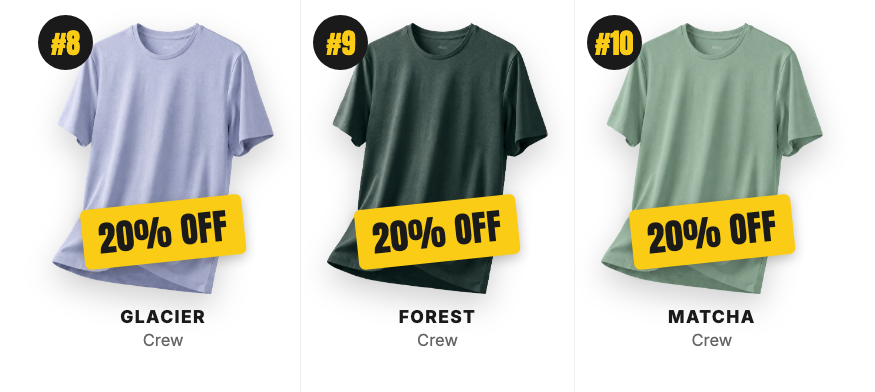 #8 Glacier Crew, #9 Forest Crew, #10 Matcha Crew. Each marked 20% off.