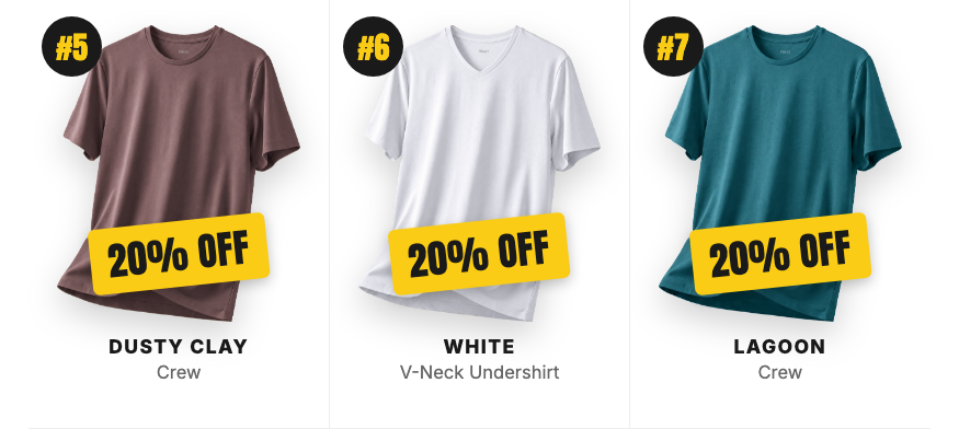 #5 Dusty Clay Crew, #6 White V-Neck Undershirt, #7 Lagoon Crew. Each marked 20% off.