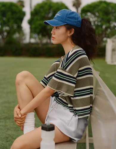 OFFLINE By Aerie Wow! Waffle V Neck Cropped Relaxed Short Sleeve T-Shirt