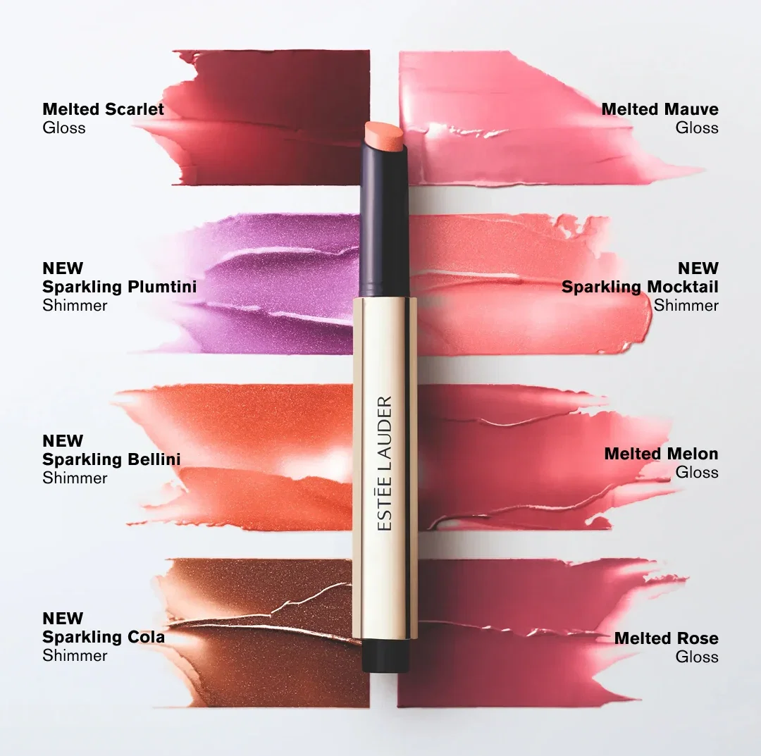 Melted Scarlet Gloss | Melted Mauve Gloss | NEW Sparkling Plumtini Shimmer | NEW Sparkling Mocktail Shimmer | NEW Sparkling Bellini Shimmer | Melted Melon Gloss | NEW Sparkling Cola Shimmer | Melted Rose Gloss
