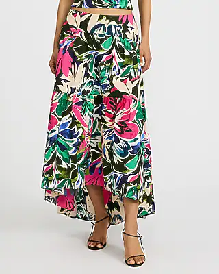 Cotton Poplin Printed High Waisted High-Low Tiered Midi Skirt