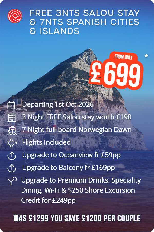 Free 3nts Salou Stay & 7nts Spanish Cities & Islands – Smart Holiday promotional image. From £699 Includes: Departing 1st Oct 2026, 3 Night FREE Salou stay worth £190, 7 Night full-board Norwegian Dawn, Flights Included, Upgrade to Oceanview fr £59pp, Upgrade to Balcony fr £169pp, Upgrade to Premium Drinks, Speciality Dining, Wi-Fi & $250 Shore Excursion Credit for £249pp. WAS £1299 YOU SAVE £1200 PER COUPLE