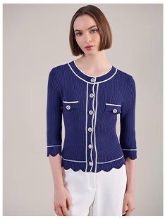 Navy Ribbed Cardigan With White Border, Scalloped Sleeves and Crystal Buttons