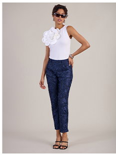 Navy Sheer Mesh Cropped Pant With Ribbon Embroidery With Pockets