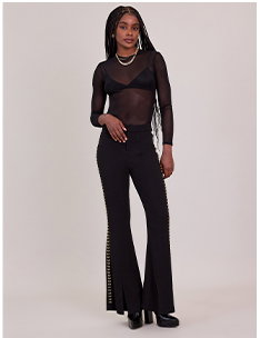 Black Crepe Flare Pants With Gold Grommets on Side of Legs