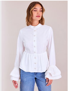 White Shirt With Mock Collar, Center Button Placket and Large Pleated Double Ruffle Cuff