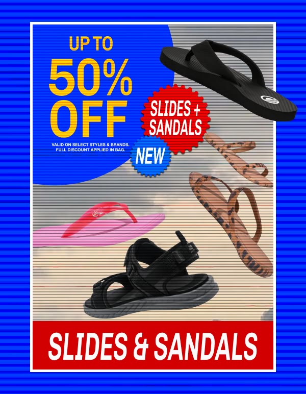 Save up to 50% off sandals and slides