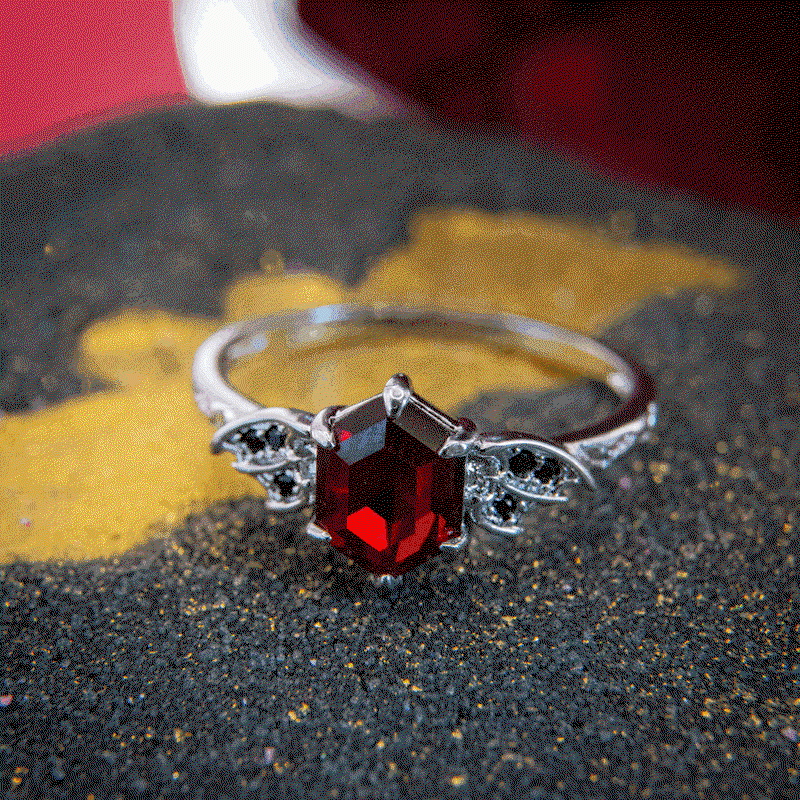 Nosferatu red gemstone ring and Inner Circle ring collection