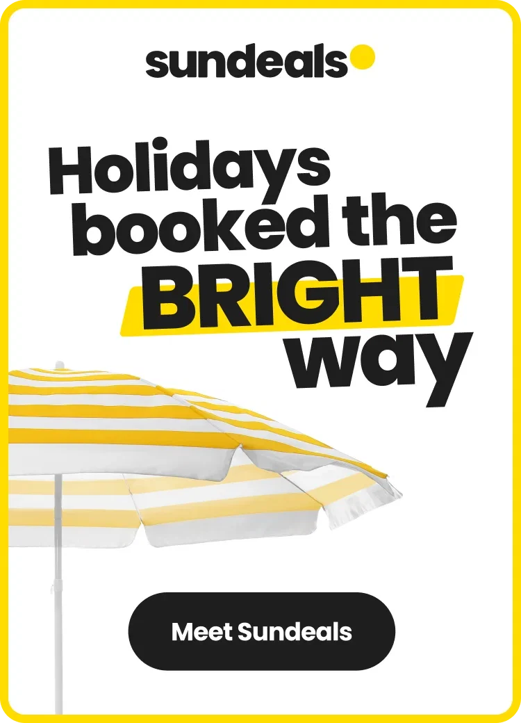Promotional graphic for Sundeals featuring the headline “Holidays booked the BRIGHT way” in bold black text, with “BRIGHT” highlighted in yellow. Yellow-and-white striped beach umbrellas appear in the top-right and bottom-left corners, and a black button reads “Meet Sundeals.”