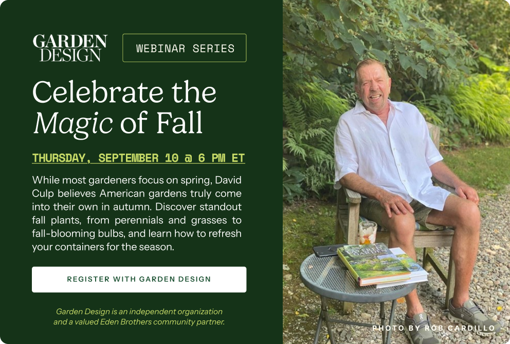 REGISTER WITH GARDEN DESIGN for Webinar Series -Celebrate the Magic of Fall - Thursday, September 10 @ 6 pm ET - While most gardeners focus on spring, David believes American gardens truly come into their own in autumn. Discover standout fall plants, from perennials and grasses to fall-blooming bulbs, and learn how to refresh your containers for the season.