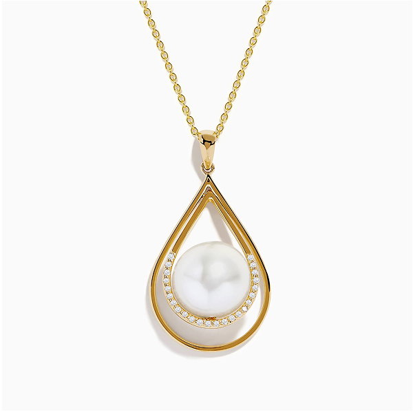 14K Yellow Gold Fresh Water Pearl and Diamond Drop Pendant