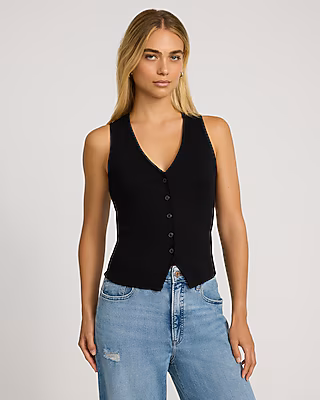 Ribbed Button Front Knit Vest
