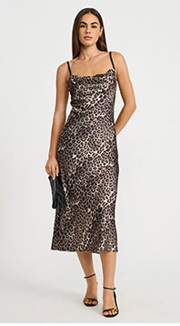 Leopard Satin Cowl Neck Lace Midi Slip Dress