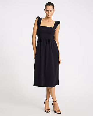 Poplin Square Neck Flutter Sleeve Lace-Up Back Midi Dress